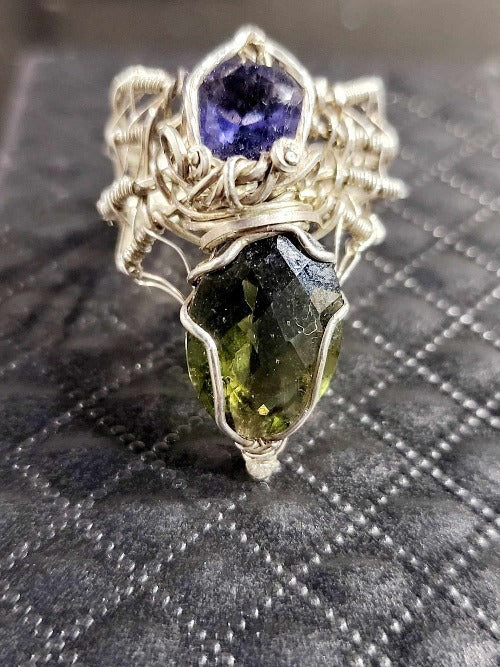 Custom Wire Wrapped Spider Ring with Moldavite and Iolite - Witches Ink LTD - O/A Crystals and Sun Signs
