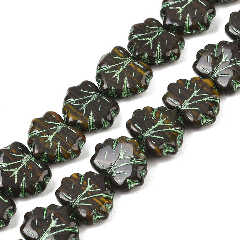 Czech Pressed Glass Maple Leaf Black and Green 10pc