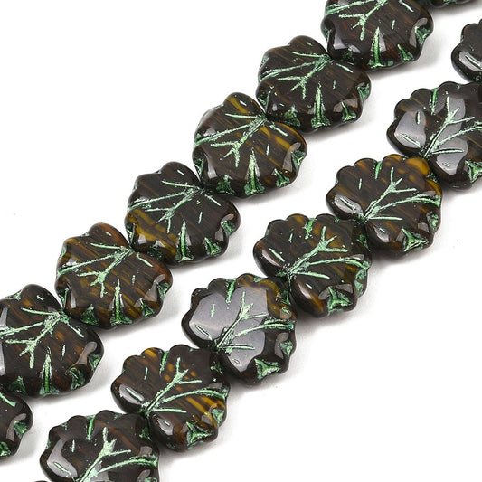 Czech Pressed Glass Maple Leaf Black and Green 10pc