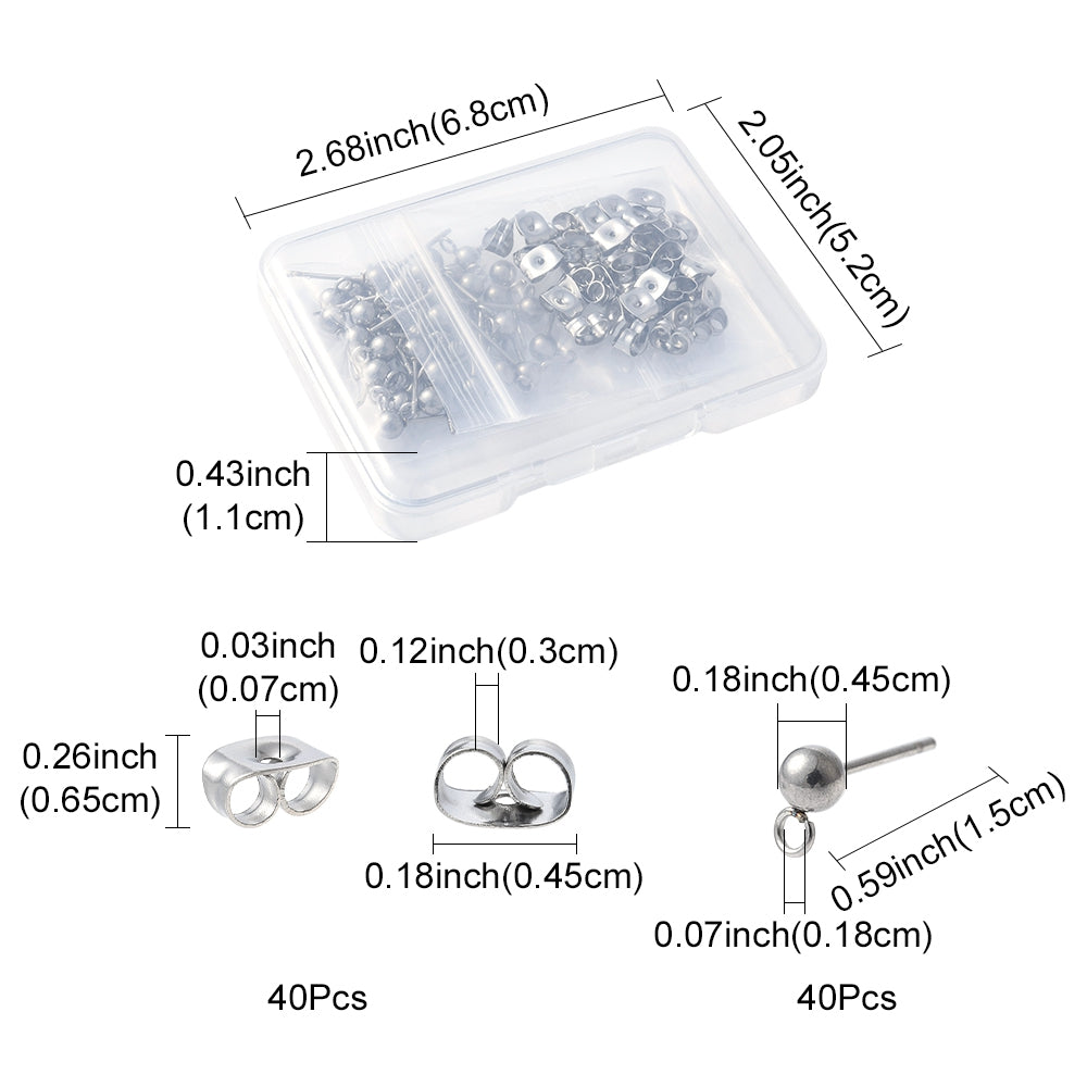 Earring Ball Stud Findings w/Loop 304SS Silver Kit 40pc