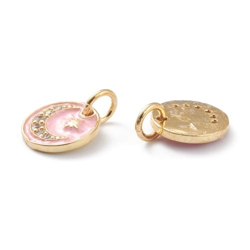 Enamel Charm 18k Plated Pink CZ Moon Light Gold 5pc | Alberta Bead Store