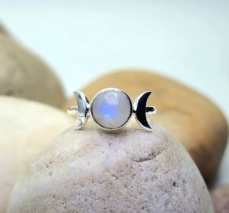 Sterling Silver Triplemoon Moonstone Ring - Witches Ink LTD - O/A Crystals and Sun Signs