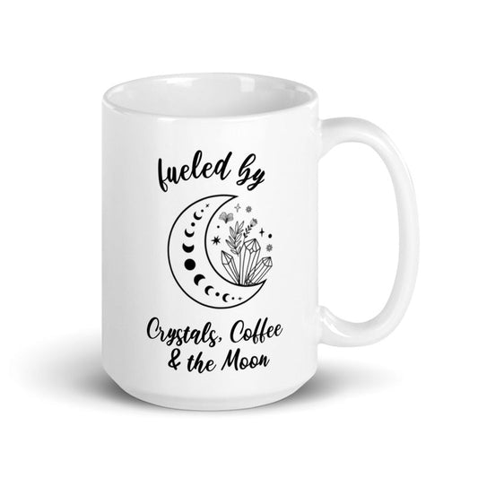 White Ceramic 15oz Mug - Fueled by Crystals, Coffee and the Moon - Witches Ink LTD - O/A Crystals and Sun Signs