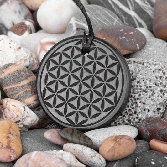 Shungite Pendant Engraved with The Flower of Life - Witches Ink LTD - O/A Crystals and Sun Signs