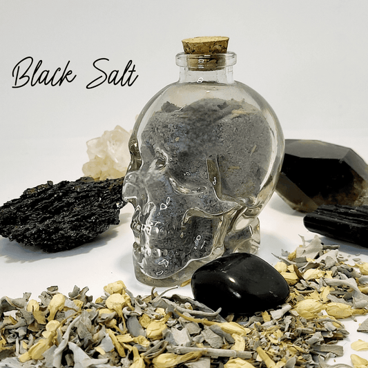 Black Salt 4oz Glass Skull Bottle - Witches Ink LTD - O/A Crystals and Sun Signs