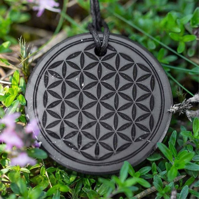 Shungite Pendant Engraved with The Flower of Life - Premium Necklace from Crystals and Sun Signs Co - Shop now at Crystals and Sun Signs Co