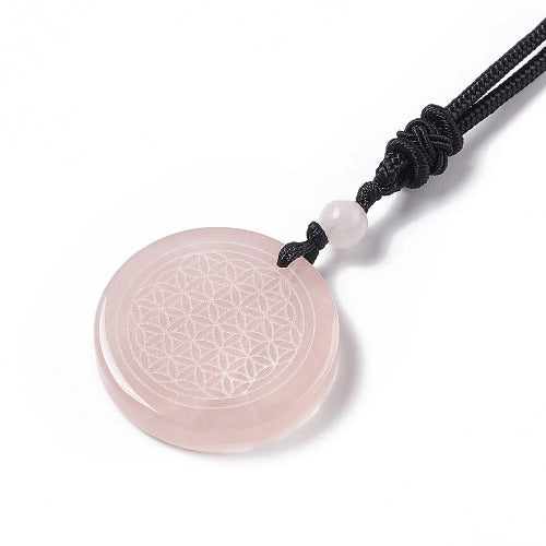 Rose Quartz Gemstone Engraved Flower of Life Necklace | Crystals and Sun Signs Co