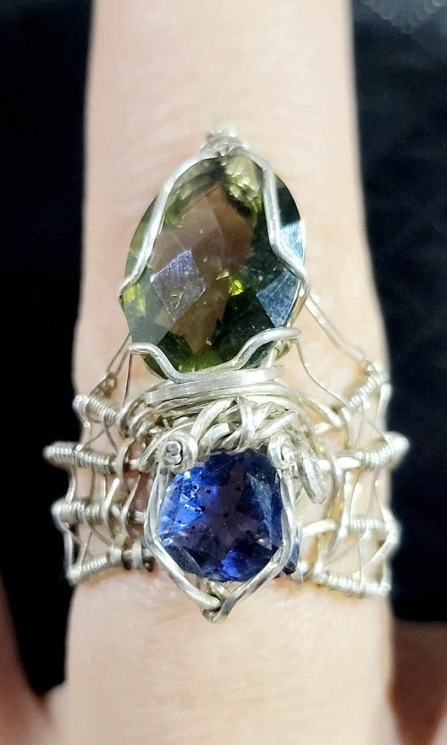 Custom Wire Wrapped Spider Ring with Moldavite and Iolite - Premium Ring from Crystals and Sun Signs Co - Shop now at Witches Ink LTD