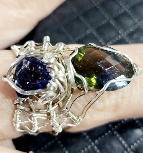 Custom Wire Wrapped Spider Ring with Moldavite and Iolite - Witches Ink LTD - O/A Crystals and Sun Signs