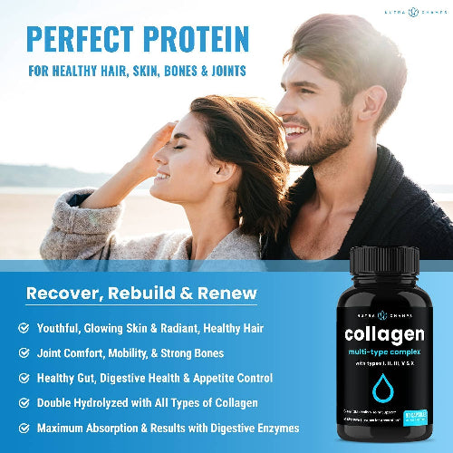 Multi Collagen Pills |Types I,II,III,V,X | Double Hydrolyzed | NutraChamps
