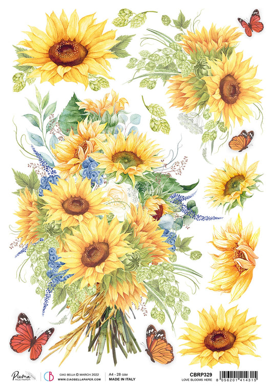 Ciao Bella Rice Paper A4 Piuma Love Blooms Here - 5 Sheets - Ecstasy Crafts