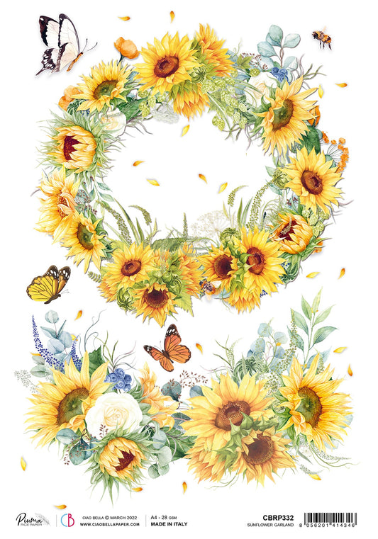 Ciao Bella Rice Paper A4 Piuma Sunflowers Garland - 5 Sheets - Ecstasy Crafts