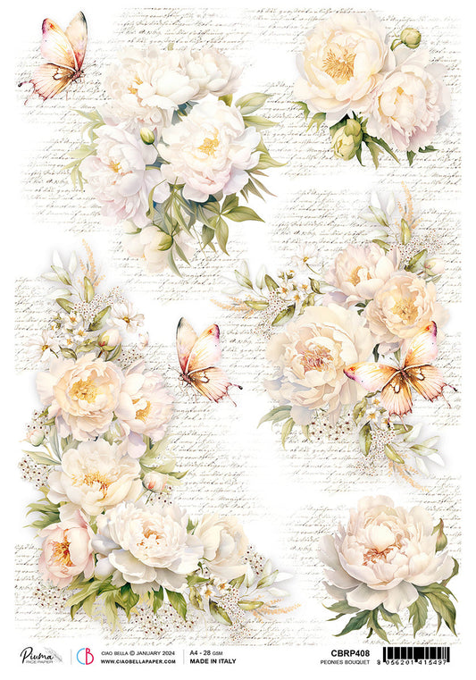 Rice Paper A4 Piuma Peonies Bouquet - 5 Sheets - Ecstasy Crafts