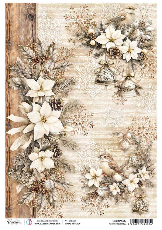 Rice Paper A4 White Poinsettia - 5 Sheets - Ecstasy Crafts