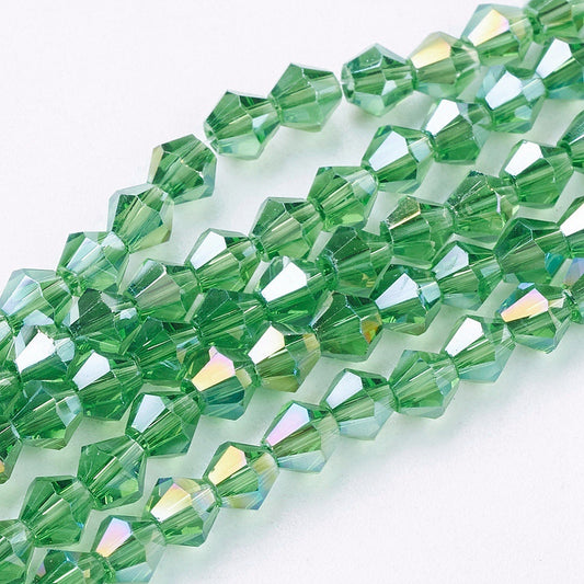 Glass Bead AB Color Plated Lime Green Faceted Bicone 4mm - Alberta Bead Store