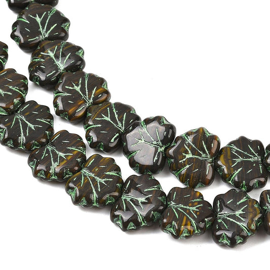 Czech Pressed Glass Maple Leaf Black and Green 10pc