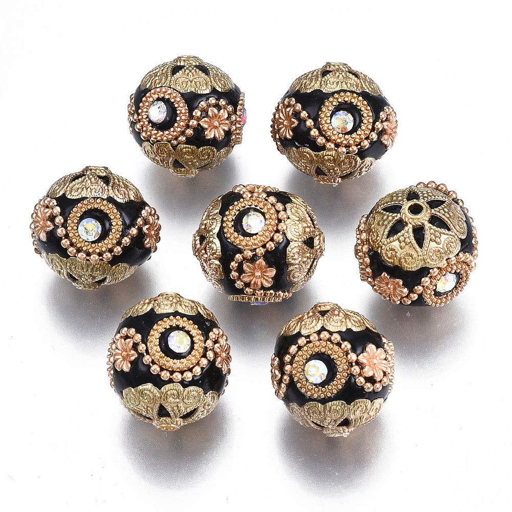 Indonesia Bead Black/Gold w/Rhinestone 20mm