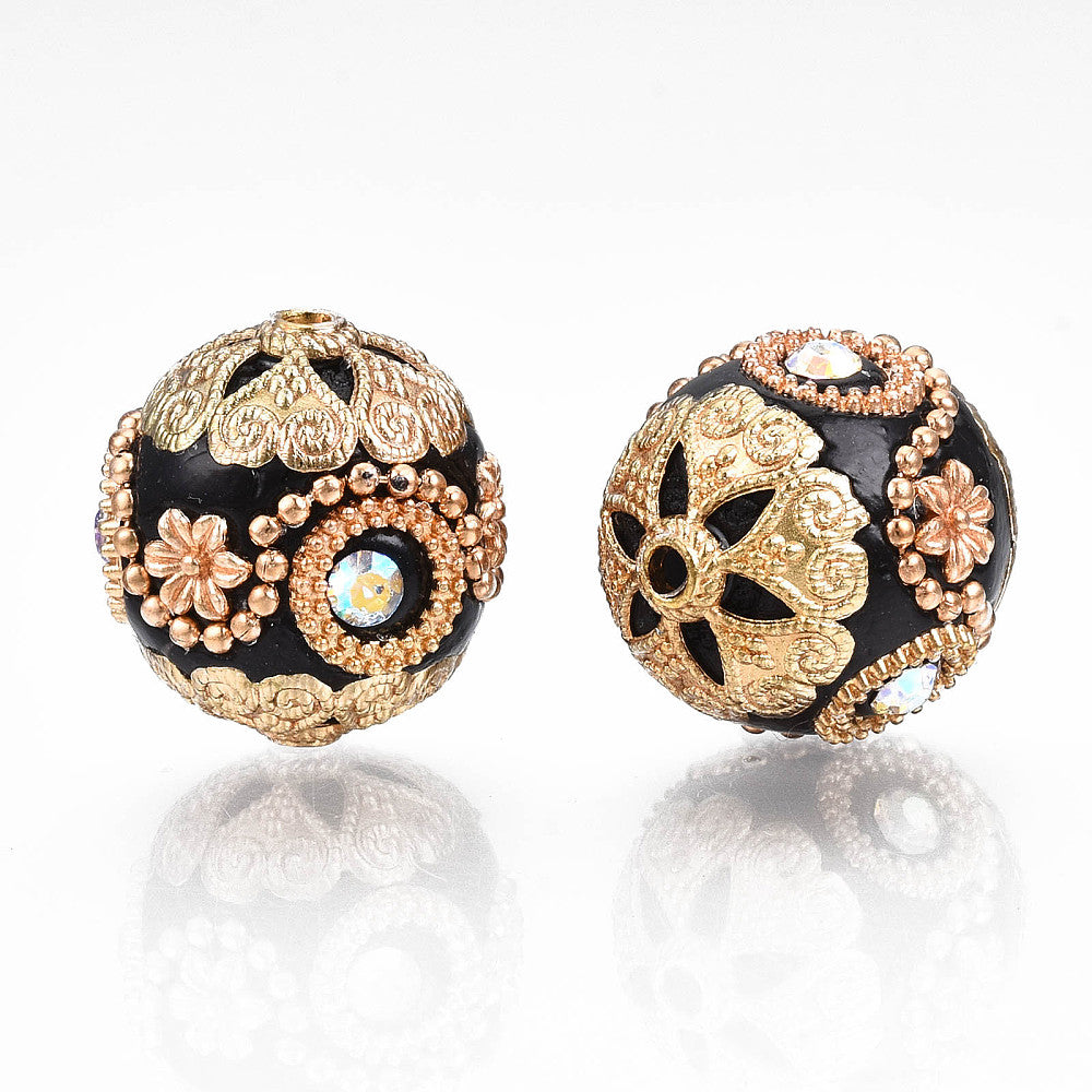 Indonesia Bead Black/Gold w/Rhinestone 20mm