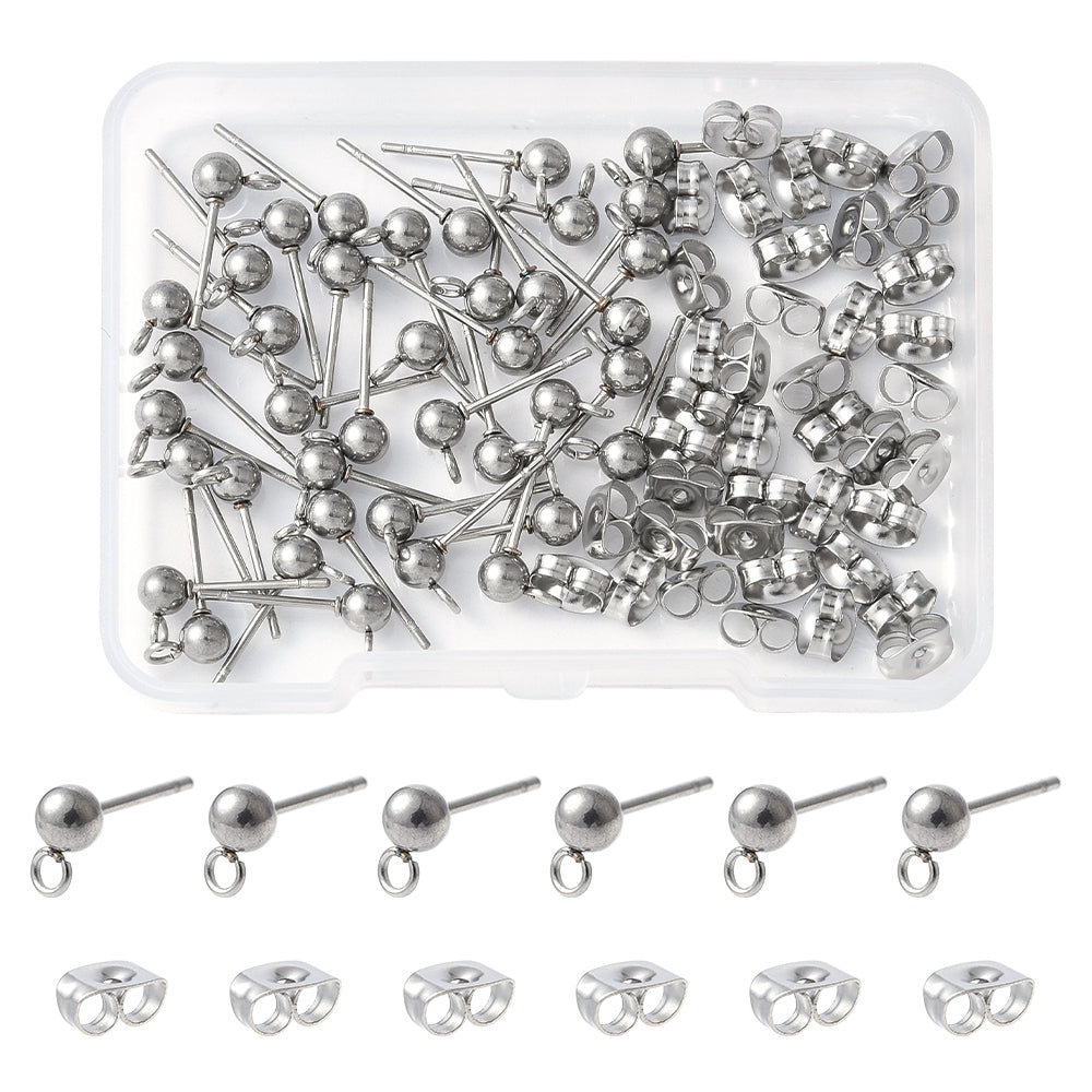 Earring Ball Stud Findings w/Loop 304SS Silver Kit 40pc