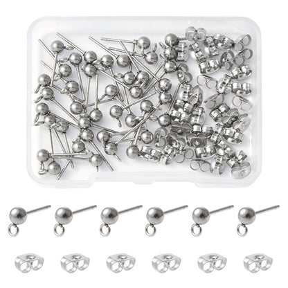 Earring Ball Stud Findings w/Loop 304SS Silver Kit 40pc