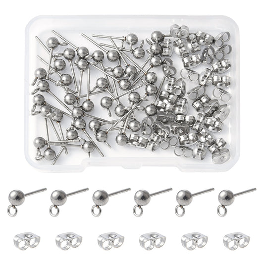 Earring Ball Stud Findings w/Loop 304SS Silver Kit 40pc