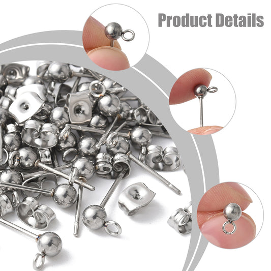 Earring Ball Stud Findings w/Loop 304SS Silver Kit 40pc