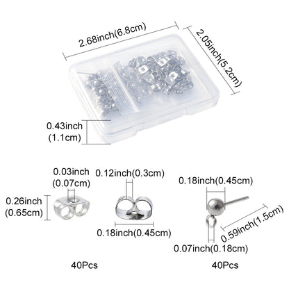 Earring Ball Stud Findings w/Loop 304SS Silver Kit 40pc