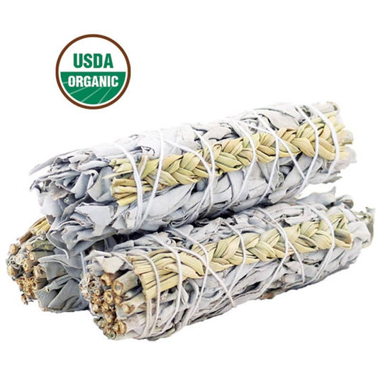 White Sage & Sweetgrass Smudge Stick 4" | Crystals and Sun Signs