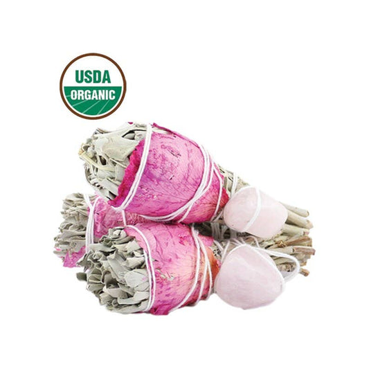 White Sage Torch w/ Rose Petals + Rose Quartz 4" | Crystals and Sun Signs