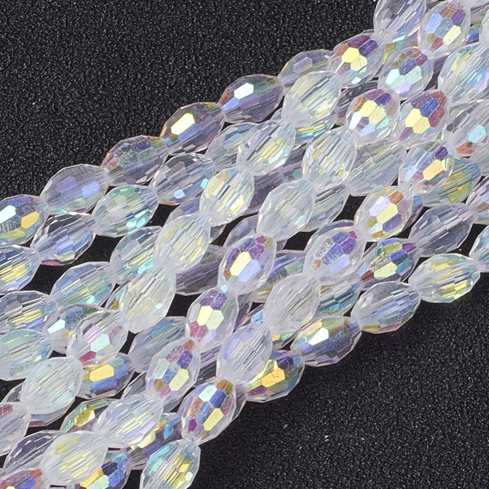 Glass Bead Electroplated AB White Faceted Oval 6mm - Alberta Bead Store