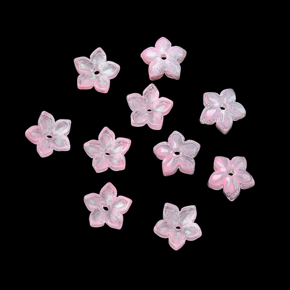 Glass Bead Cap 5-Petal Flower Pink 20pc