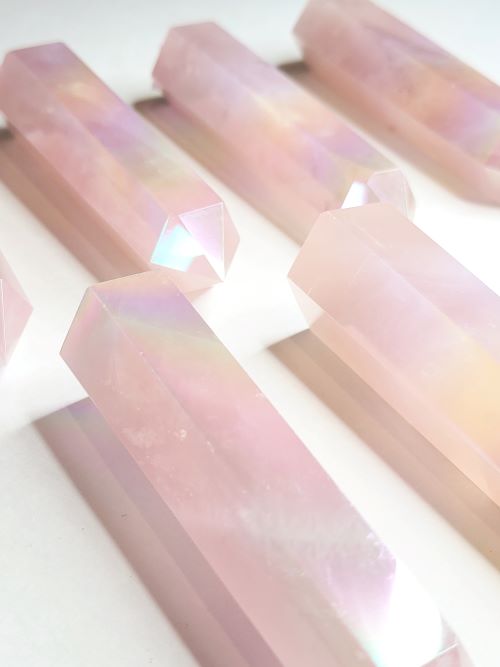 Aura Rose Quartz Gemstone Hexagonal Tower - Witches Ink LTD - O/A Crystals and Sun Signs