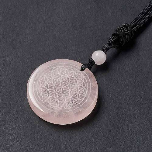 Rose Quartz Gemstone Engraved Flower of Life Necklace - Witches Ink LTD - O/A Crystals and Sun Signs