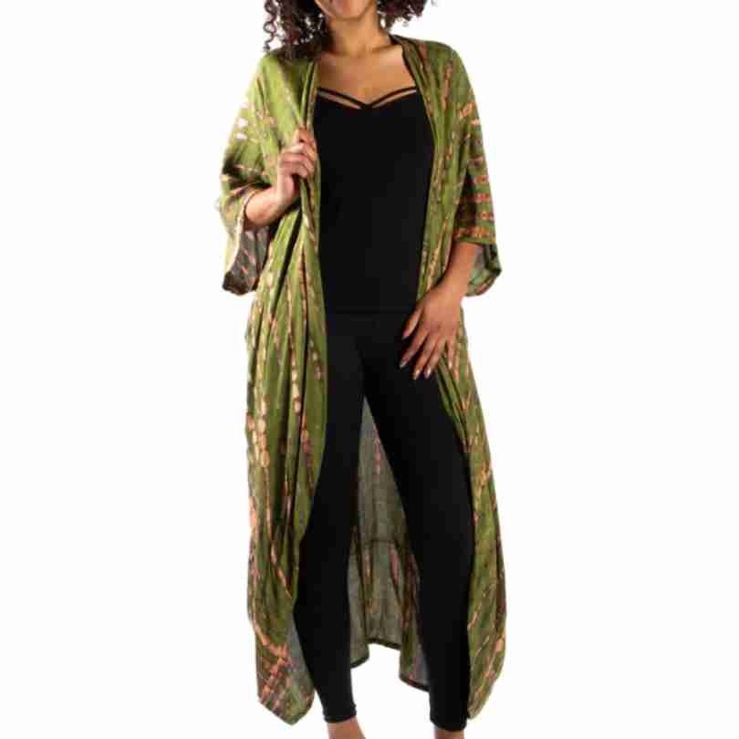 Tie-Dye Bone Motif Long Kimono - Green | Crystals and Sun Signs Co