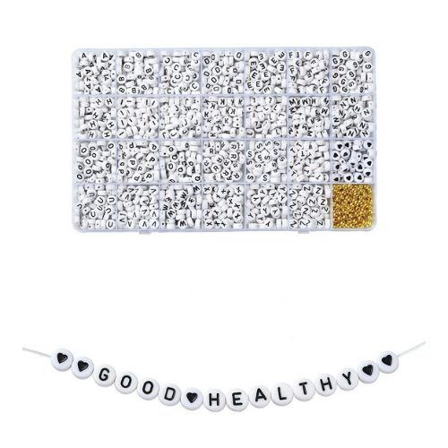 Acrylic Letter Bead Set Flat Round White with Black | Alberta Bead Store