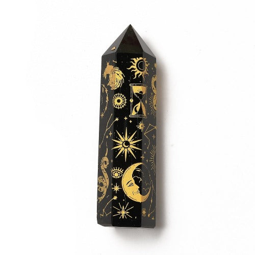 Obsidian Hexagonal Tower with Engraved Symbols | Crystals and Sun Signs Co