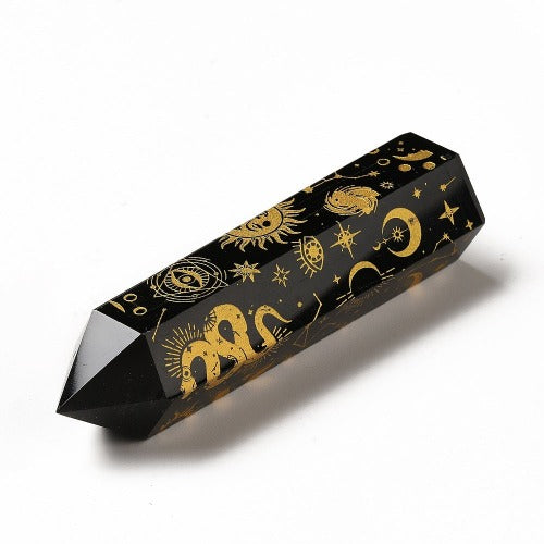 Obsidian Hexagonal Tower with Engraved Symbols | Crystals and Sun Signs Co