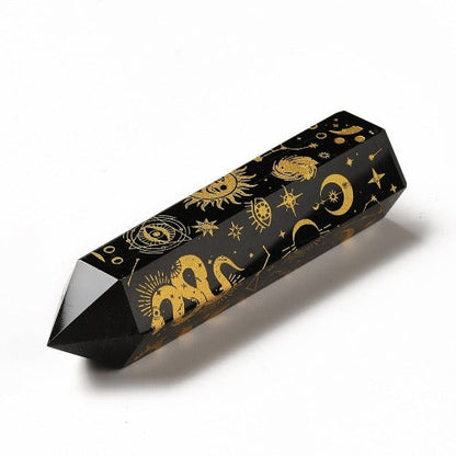 Obsidian Hexagonal Tower with Engraved Symbols | Crystals and Sun Signs Co