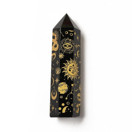 Obsidian Hexagonal Tower with Engraved Symbols | Crystals and Sun Signs Co