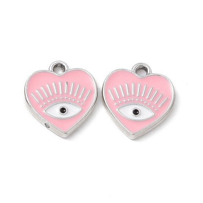 Enamel Charm Pink Heart Evil Eye Platinum 10pc | Crystals and Sun Signs Co