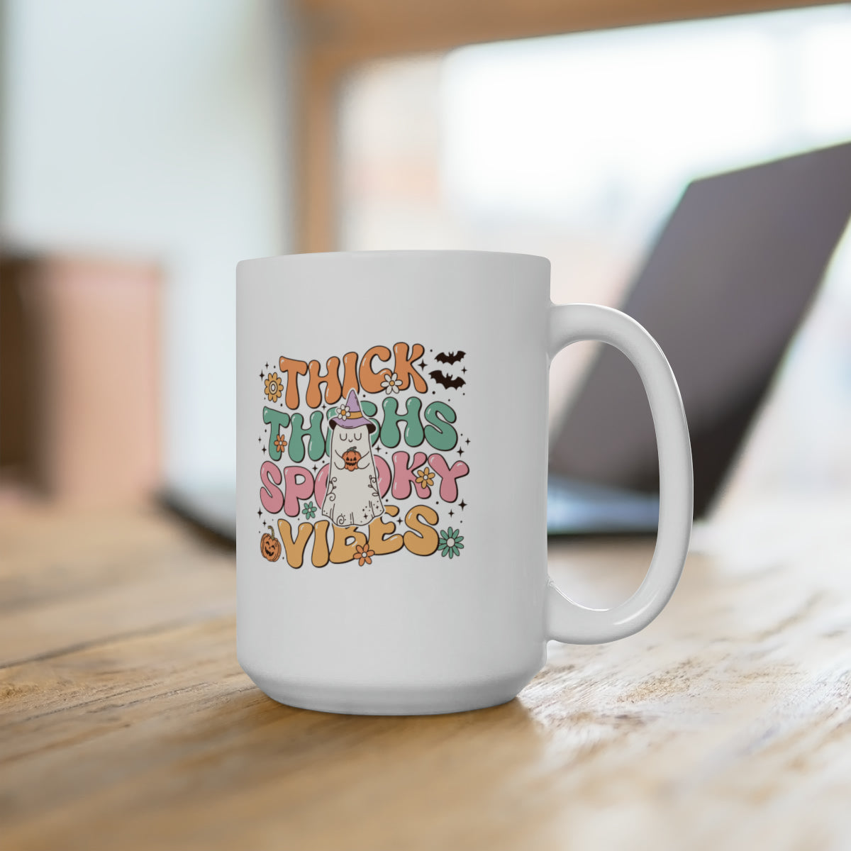 Thick Thighs, Cute Vibes, Halloween themed 15oz Ceramic Mug - Premium Mug from WitchesInkCanada - Shop now at Crystals and Sun Signs Co